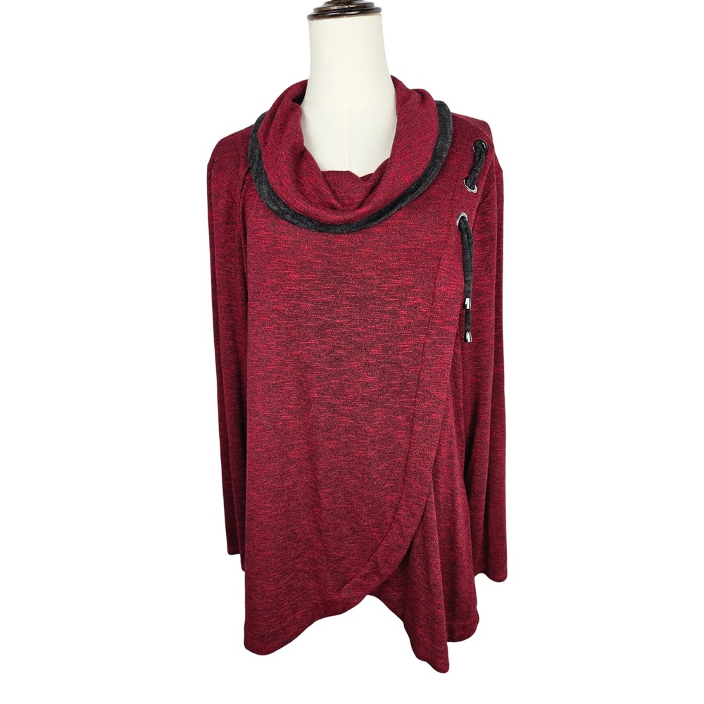 Ali Miles Tunic Large Burgundy Cowl Neck Asymmetrical Hem Long Sleeve Lagenlook